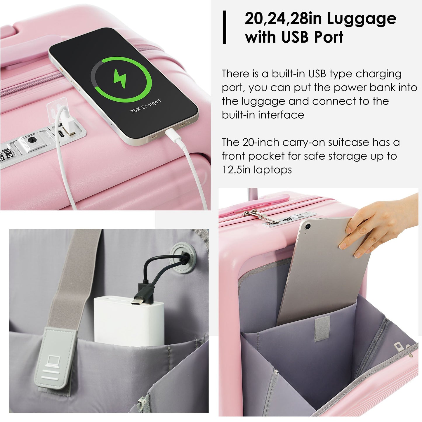 Luggage Set of 3, 20, 24, 28inch with USB Port, 20, 24inch with front