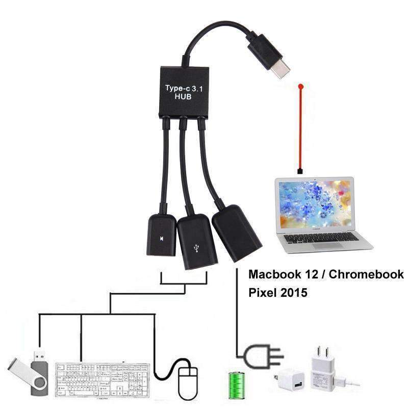 AMZER® 17.8cm 3 Ports USB Type-C 3.1 OTG Charge HUB Cable - Black