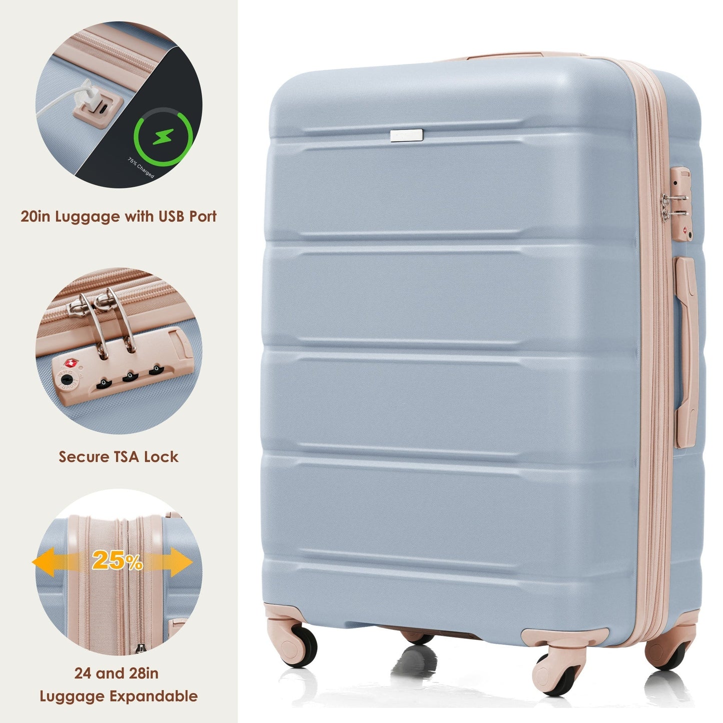 Luggage Sets 4 Piece, 20-inch with USB Port, Expandable ABS Durable