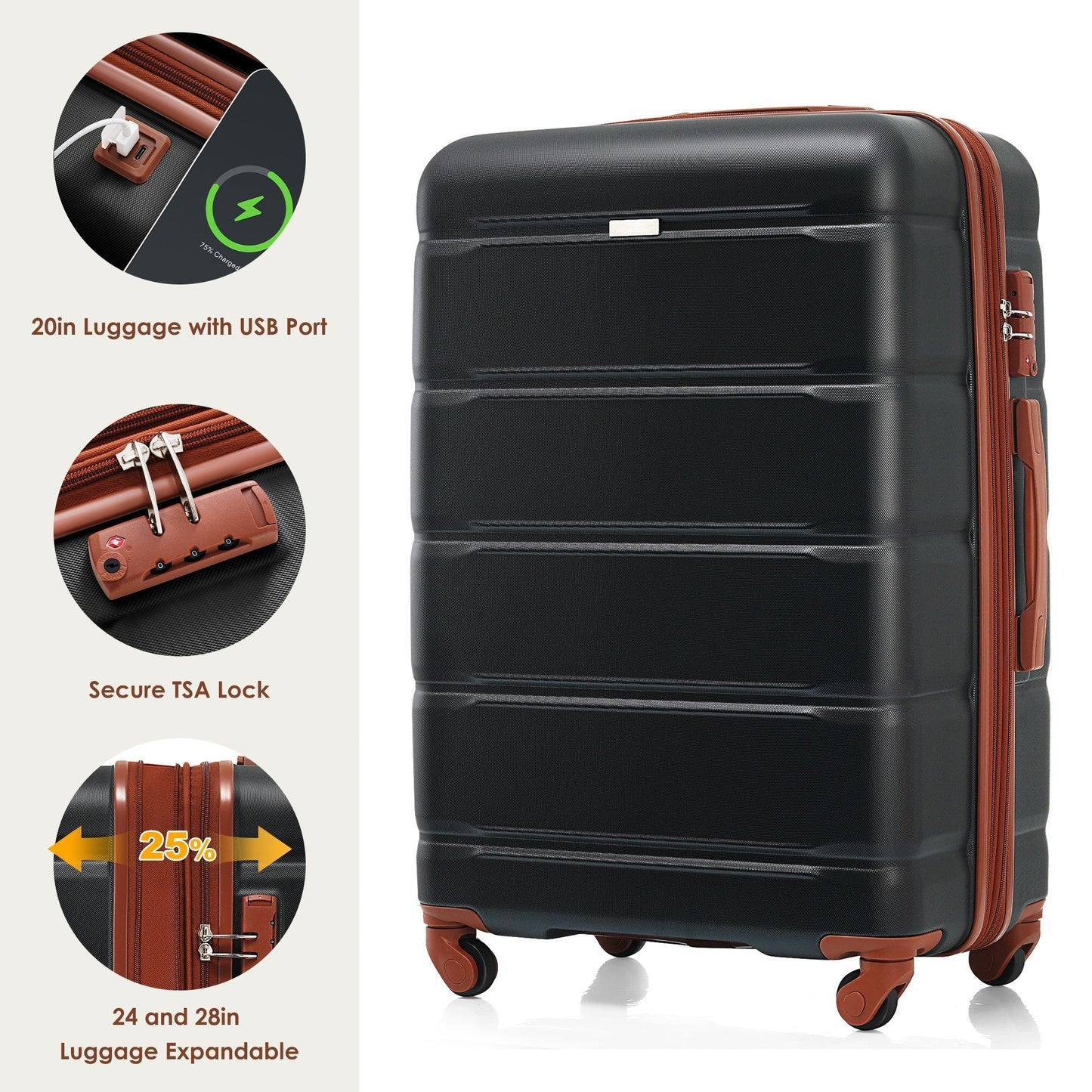 Luggage Sets 4 Piece, 20-inch with USB Port, Expandable ABS Durable