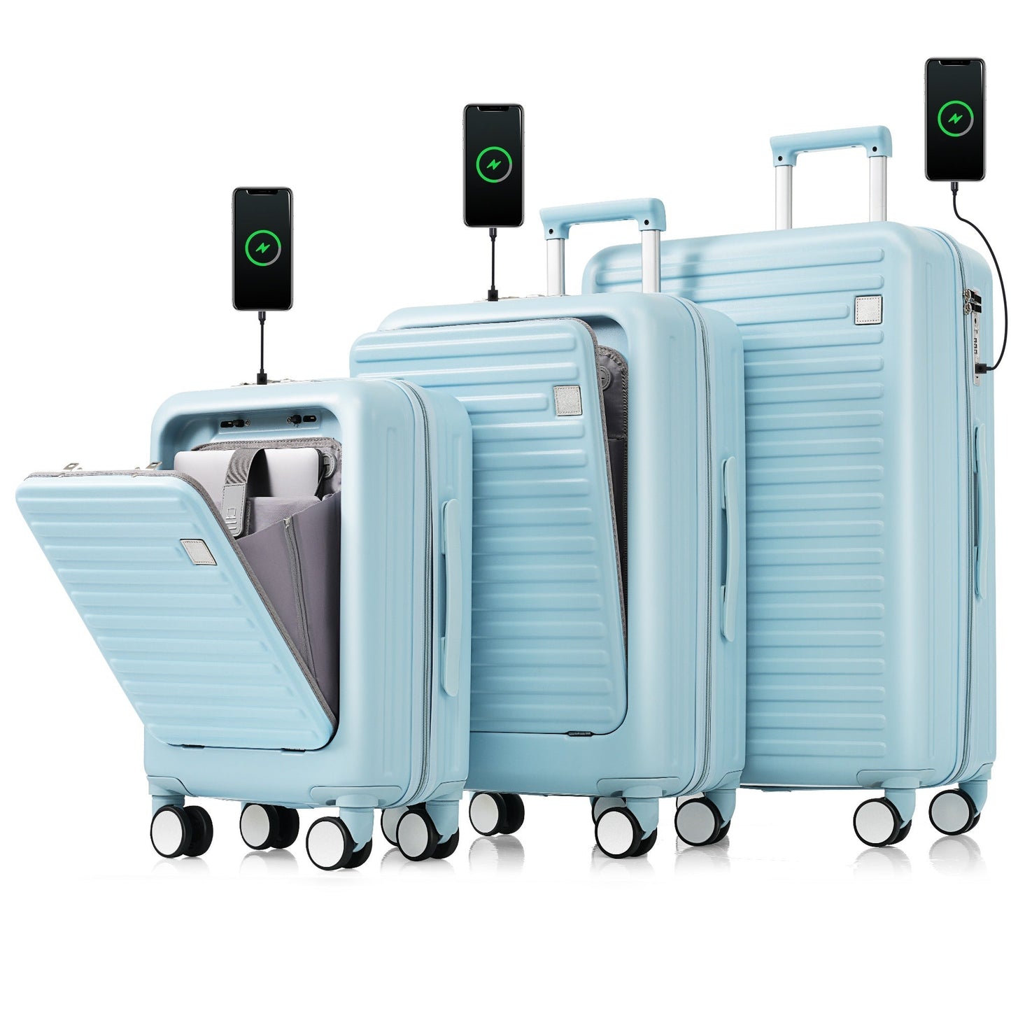 Luggage Set of 3, 20, 24, 28inch with USB Port, 20, 24inch with front