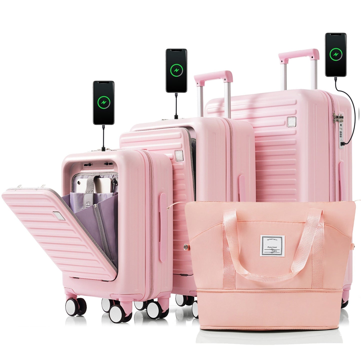 Luggage Set of 4 with USB Port, 20, 24inch with front opening design