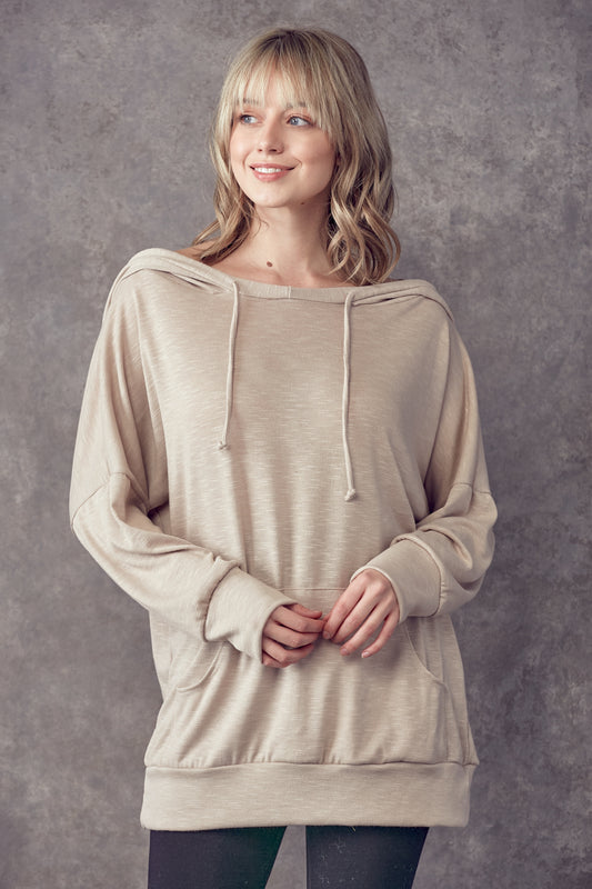 Solid Scoop Neck Loose Hoodie