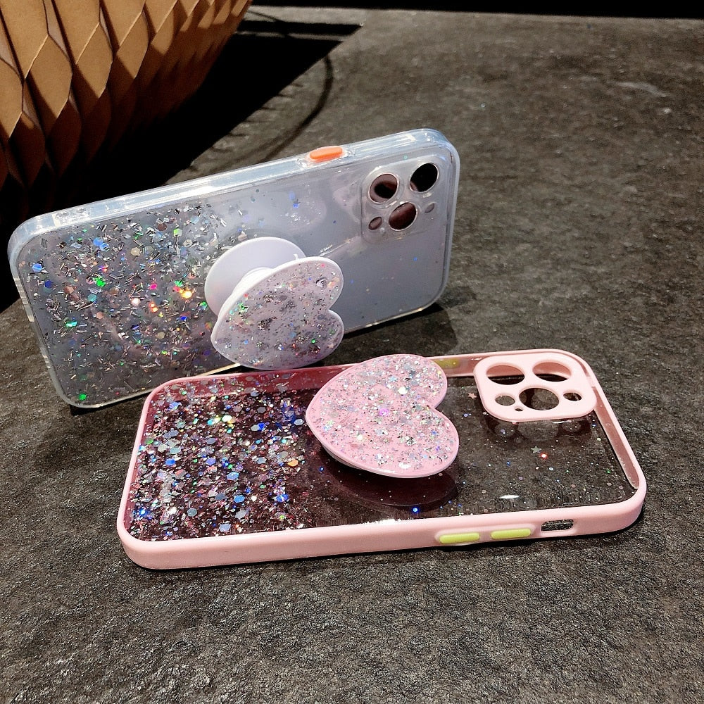 Buy 1 Get 1 Free Sequins Glitter Case with Love Stand for iPhone