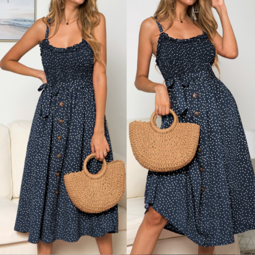 Women Spaghetti Straps Polka Dot Maxi Dress