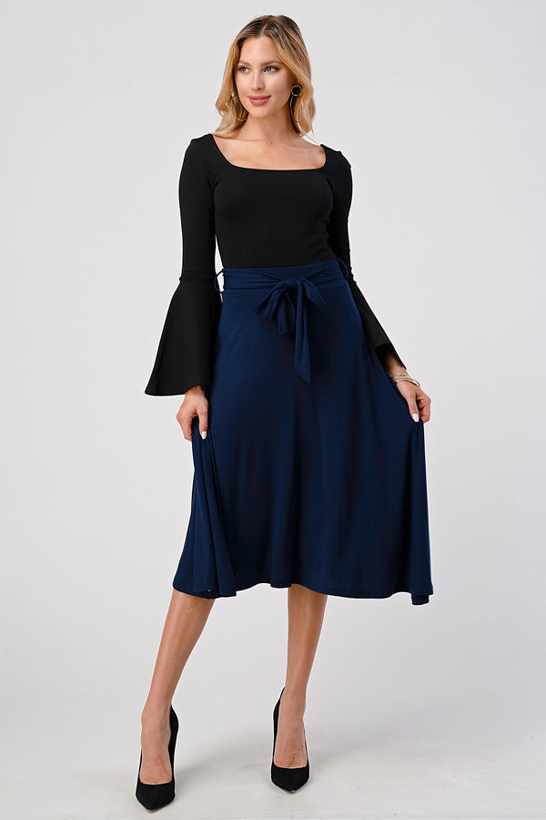 Solid, High Waist Midi Skirt with Waist Tie