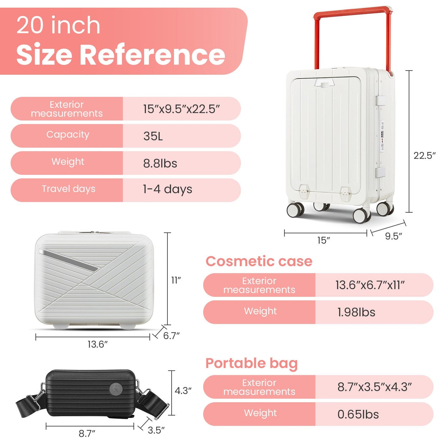 Aluminum Frame 20 Inch with Front Open Carry-on Luggage, PC Hard Shell