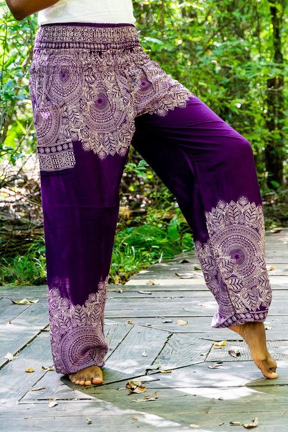 Purple FLORAL Women Boho Pants Hippie Pants Yoga Pants