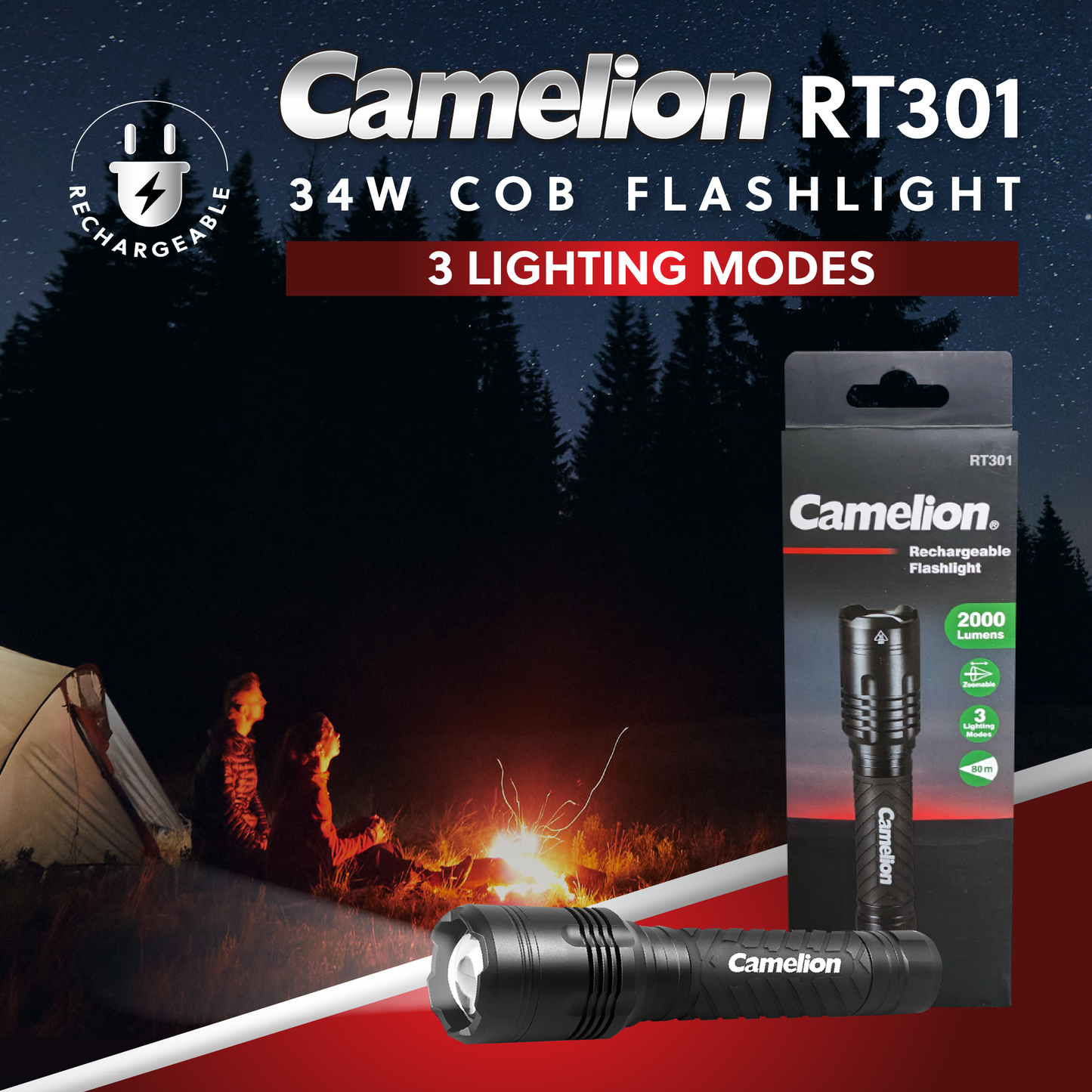 Camelion RT301 34W COB 2000LM Rechargeable Flashlight - 3 Lighting