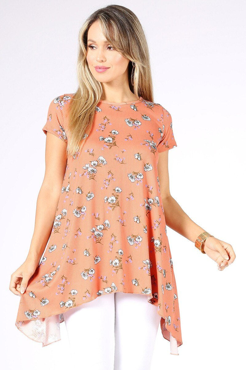 Floral Print Asymmetrical Tunic with Short Sleeve